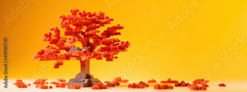 Autumn tree made of plastic construction blocks on yellow web banner. Toy trees made of childrens blocks on a yellow background