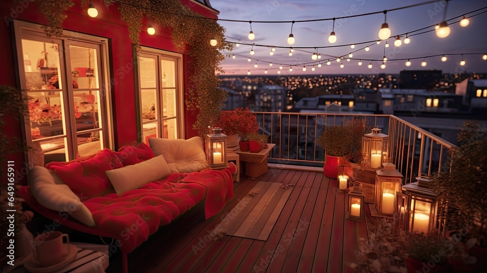 Scenic Outdoor Terrace with Charming String Lights. Enjoying a Cozy Autumn Evening on a Beautiful House's Rooftop