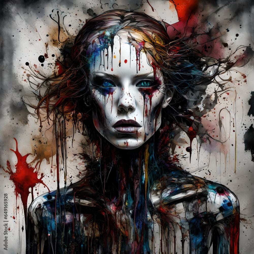 A digital painting of a horror Halloween mannequin with splattered colored paint.