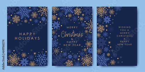 Samples of modern decorative art. Merry Christmas and New Year cards and invitations to corporate events. Blue and gold snowflakes and a Christmas star on a blue background. Winter vector illustration