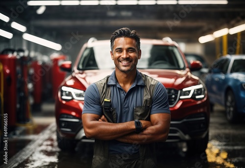 Bussines men car washer smiling wearing washer outfit with car washed in the Background, crossed hand confident 