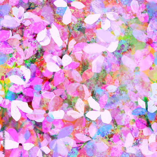 Bright spring floral layered seamless fabric pattern with transparent washed blurred flowers