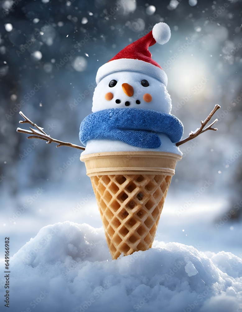 Bonhomme de neige souriant dans un cornet de glace, humour de Noël drôle et insolite - IA générative - obrazy, fototapety, plakaty 