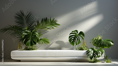 Abstract white wall background for product presentation. Room with window shadow and flowers and palm leaves.