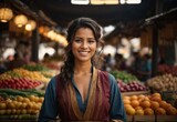 Bussines brunette women selling traditional market smiling wearing seller outfit with traditional market in the Background, crossed hand confident