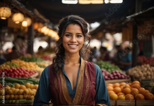 Bussines brunette women selling traditional market smiling wearing seller outfit with traditional market in the Background, crossed hand confident photo
