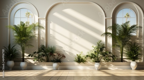Abstract white wall background for product presentation. Room with window shadow and flowers and palm leaves. © hanif