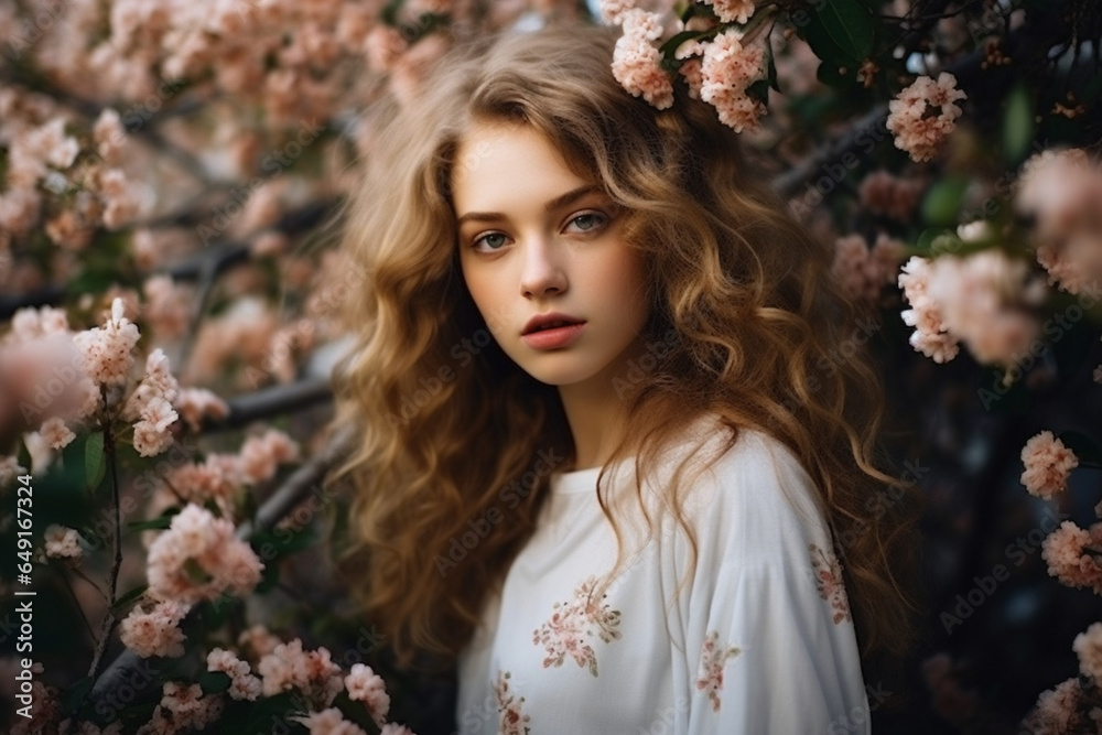 Beautiful girl on the background of spring bush Beautiful girl on the background of spring bush