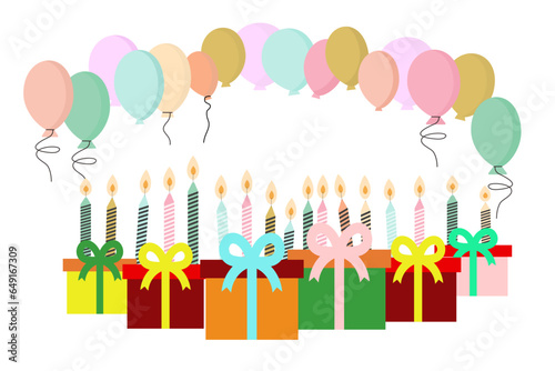 Colorful birthday. Happy Birthday or new year greeting card in pastel colors with candles, and Gift box. Vector illustration on a white background