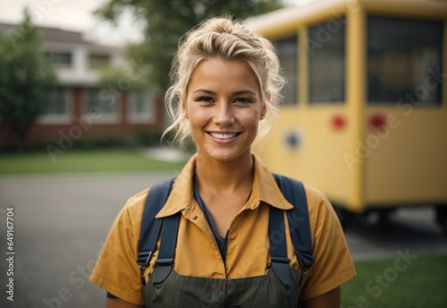 Bussines blonde women school janitor smiling wearing janitor outfit with schoolyard in the Background photo