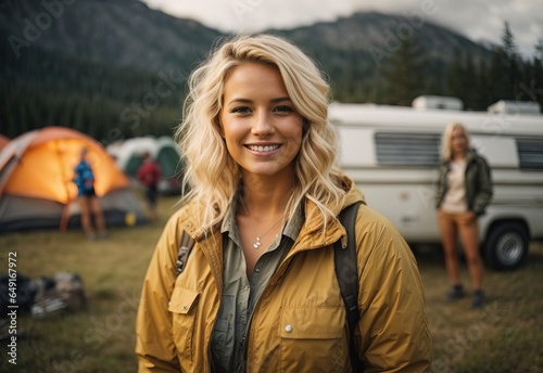 Bussines blonde women camping smiling wearing camping outfit with camping place in the Background