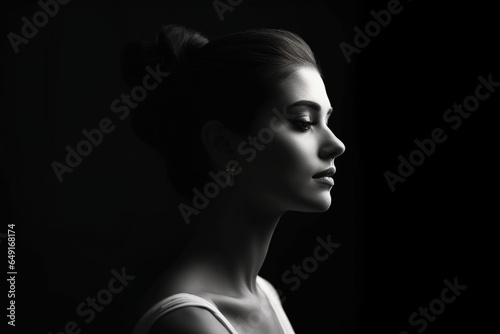 beautiful female portrait side profile view on dark background, black and white