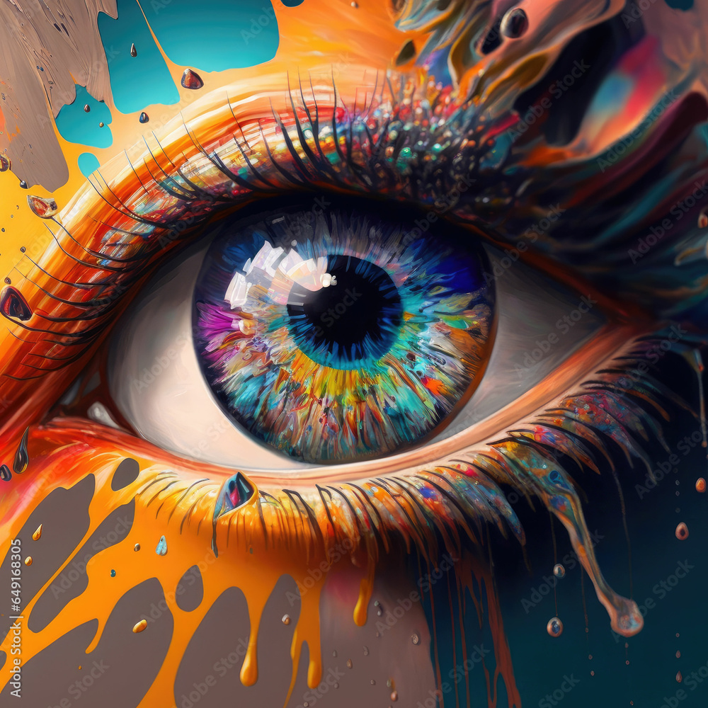 Abstract human eye, beautiful closeup zoom, paint dripping