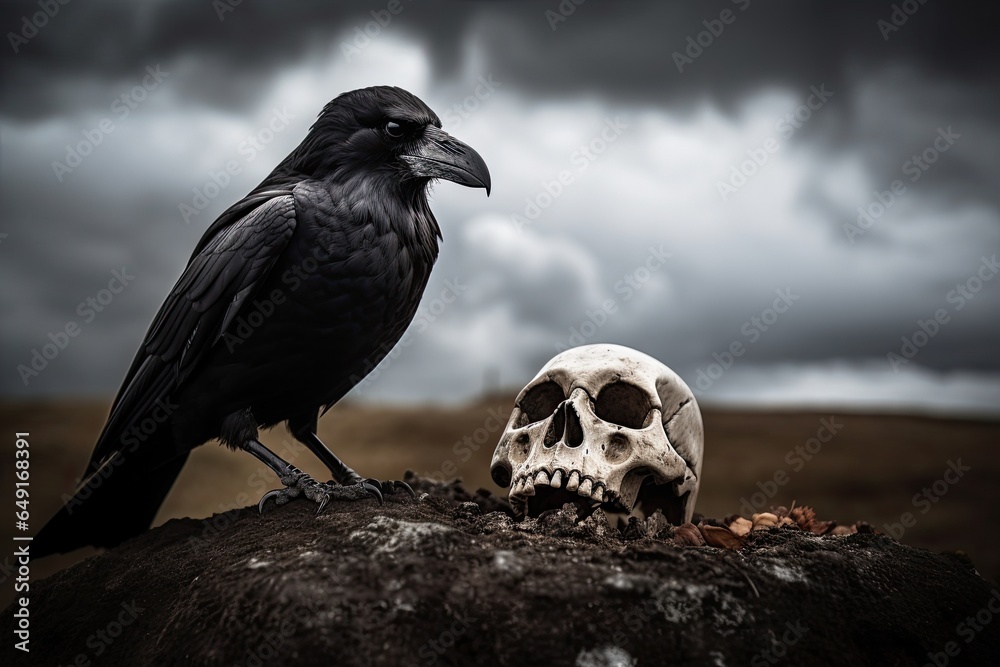Fototapeta premium raven on the rock looking over a skull
