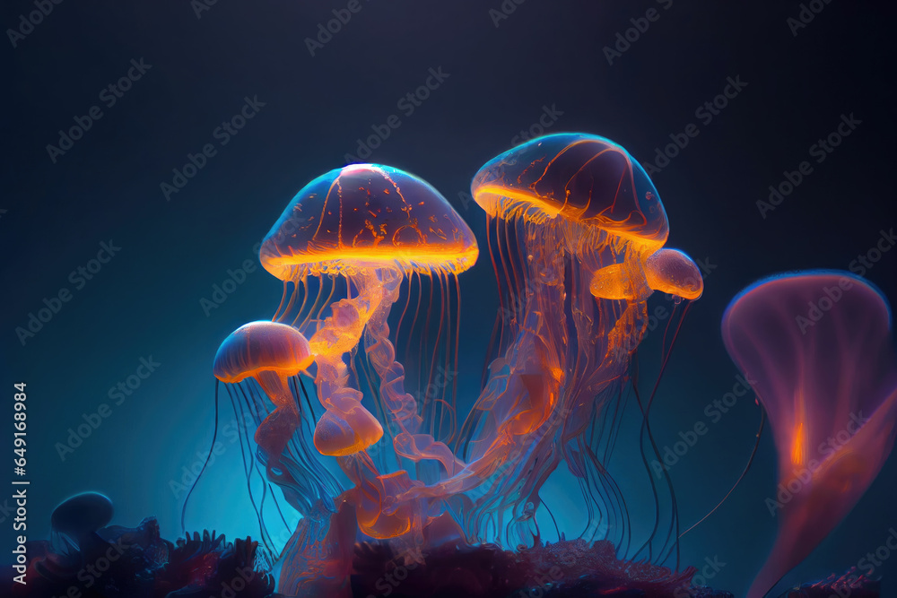 Fototapeta premium Many jellyfish swimming in dark ocean.