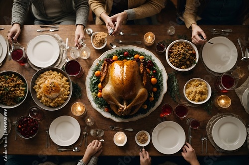 Overhead shot of Thanksgiving dinner.