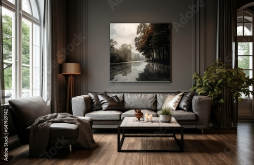 Photograph of a beautiful living room with wood floors and dark gray walls, design concept