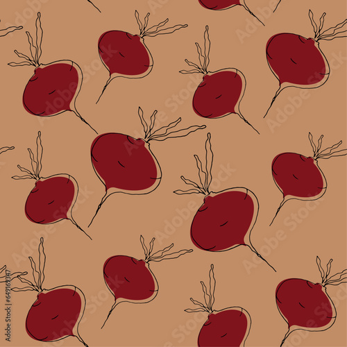 Seamless pattern of vegetables on a brown background. Red beets. Doodle.