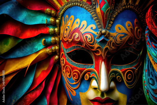 Girl wiht brazil parade mask, carnival background © DNY3D