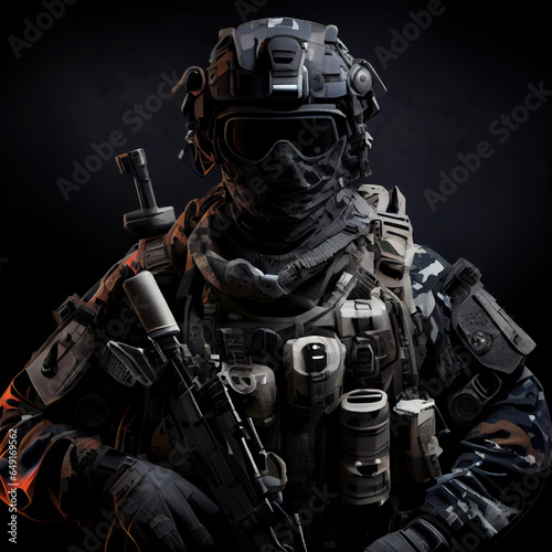 Portrait of special forces soldier in full gear, studio shot on dark background © DNY3D