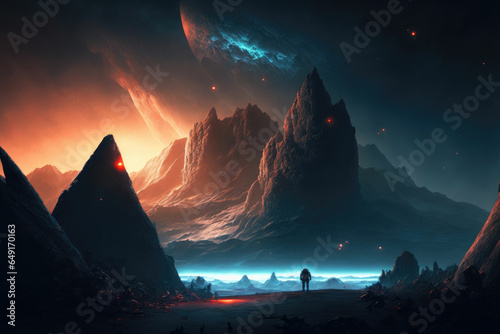 Adventurers discovering alien world with amazing landscapes © DNY3D