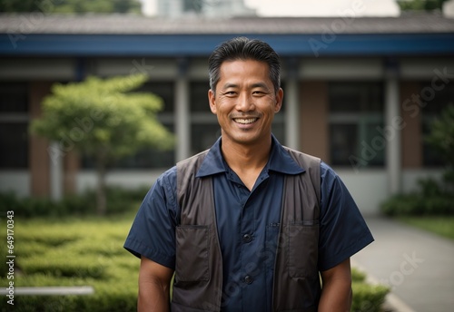 Bussines asian men school janitor smiling wearing janitor outfit with schoolyard in the Background, crossed hand confident photo