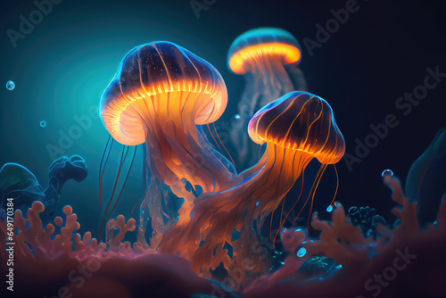 Many jellyfish swimming in dark ocean. © DNY3D
