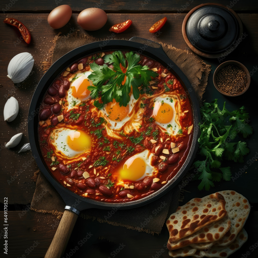 A turkish-style breakfast of shakshuka veggies and fried eggs in a black frying pan - obrazy, fototapety, plakaty 