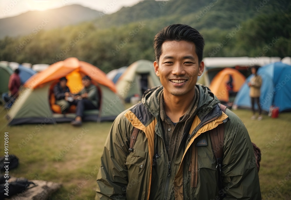 Bussines asian men camping smiling wearing camping outfit with camping place in the Background, crossed hand confident