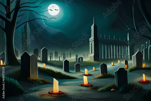 A spooky Halloween cemetery at night, with crumbling gravestones covered in cobwebs, flickering candles illuminating the path
