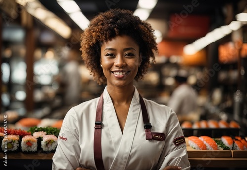 Bussines afro women sushi master smiling wearing chef outfit with sushi store in the Background, crossed hand confident photo