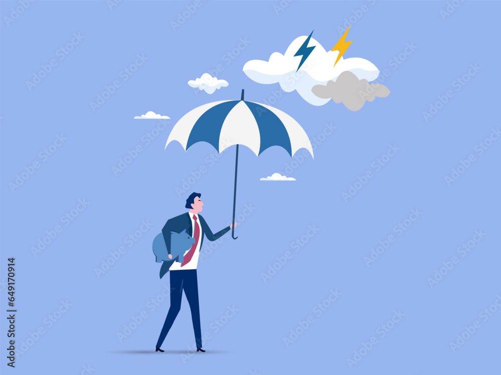 Wealth protection, insurance or financial security to survive in market downturn, protect retirement pension fund or safety guard concept, businessman holding strong umbrella to protect piggybank. Wealth protection, insurance or financial security to survive in market downturn, protect retirement pension fund or safety guard concept, businessman holding strong umbrella to protect piggybank.