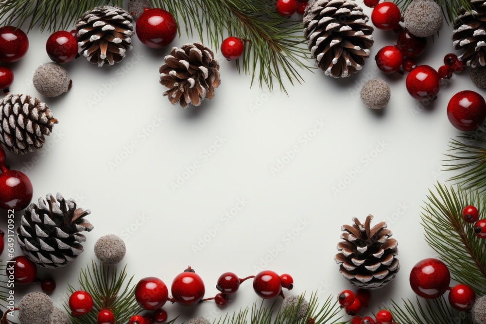 Christmas frame decorated with fir branches on white background with red decorative, pine cones. Xmas and New Year theme
Christmas frame decorated with fir branches on white background with red decorative, pine cones. Xmas and New Year theme