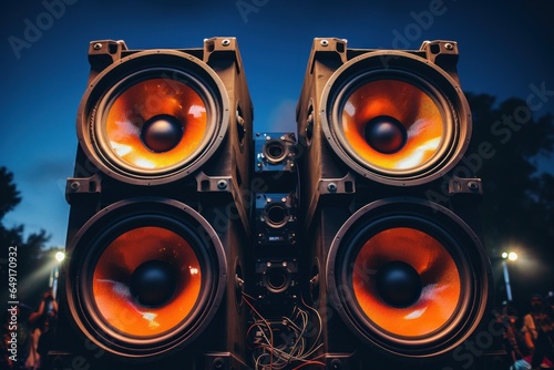 Two speakers are stacked on top of each other. This image can be used to represent audio equipment, technology, music, sound systems, or entertainment.