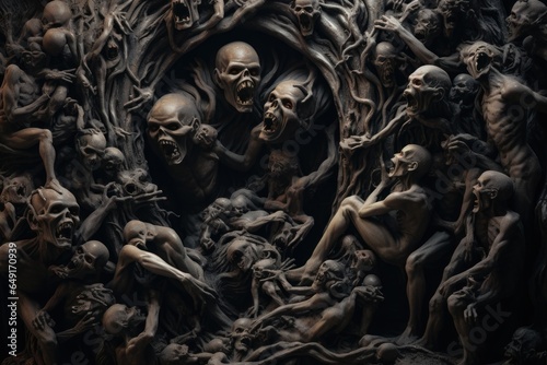 A large group of skulls sitting on top of a tree. This eerie image can be used to create a spooky atmosphere or depict themes related to death and Halloween.