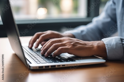 A close-up image of a person typing on a laptop. This picture can be used to illustrate technology, work, productivity, or remote work concepts.