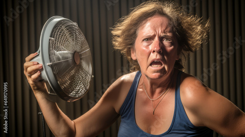 middle-aged woman with a fan trying to cool down photo