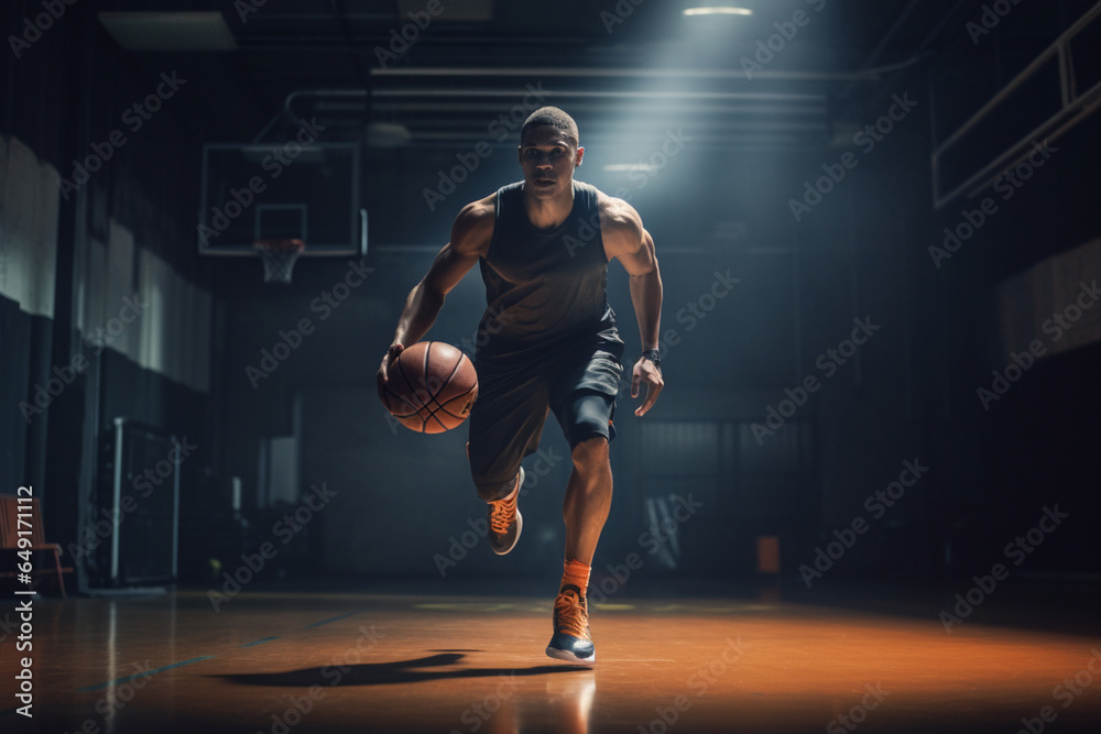basketball player dribbling a ball on the indoors court