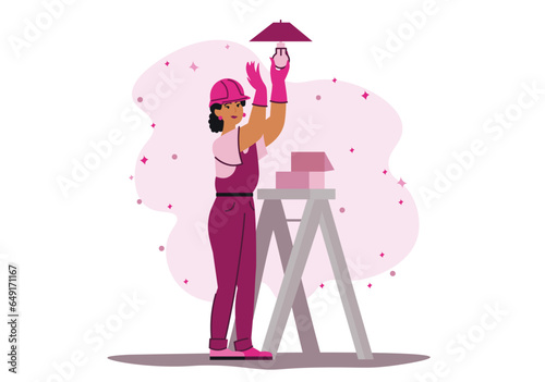 Woman electrician concept with people scene in the flat cartoon style. A woman electrician replaces a light bulb in a chandelier, which is a novelty for the modern world. Vector illustration.
