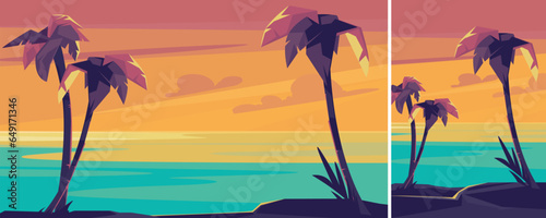 Palm trees and ocean at sunset. Summer landscape in different formats.