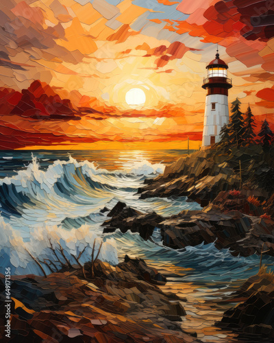 Generative ai illustration of lighthouse at sunset fiber art
