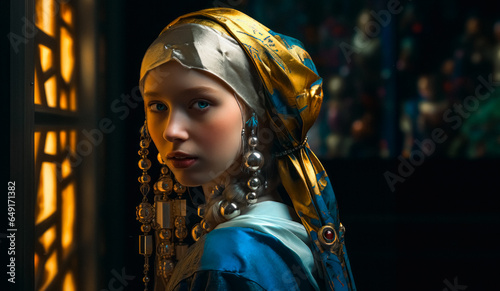 Artistic Intersection Traditional Dress Meets Classic Art in the Girl with a Pearl Earring Portrait, Classic Beauty  in Traditional Attire photo