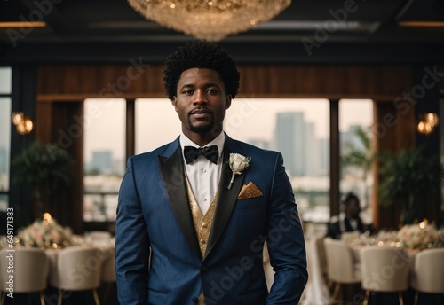 Bussines afro men wedding mc wearing suit outfit with wedding place in the Background photo