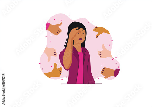 Public condemnation concept with people scene in the flat cartoon design. A woman is publicly condemned for her rights, which is unacceptable. Vector illustration.