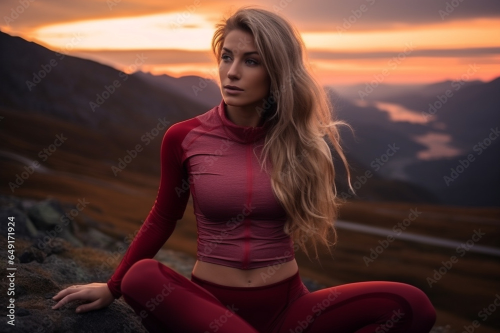 Athletic woman resting after a hard training in the mountains at sunset, Sport tight clothes