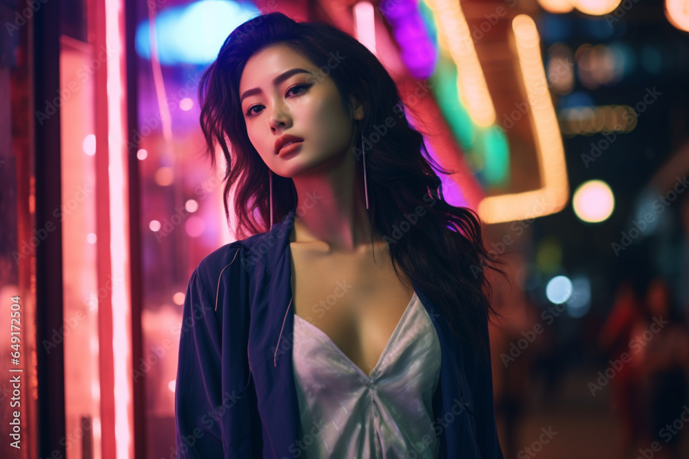 Asian woman at night in downtown Asian woman at night in downtown