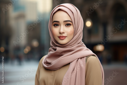 Asian hijab women standing enjoying at a city park