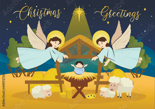 Angels greet Jesus background concept with people scene in the flat cartoon design. A pair of angels hasten to Bethlehem to see the new-born holy child. Vector illustration.