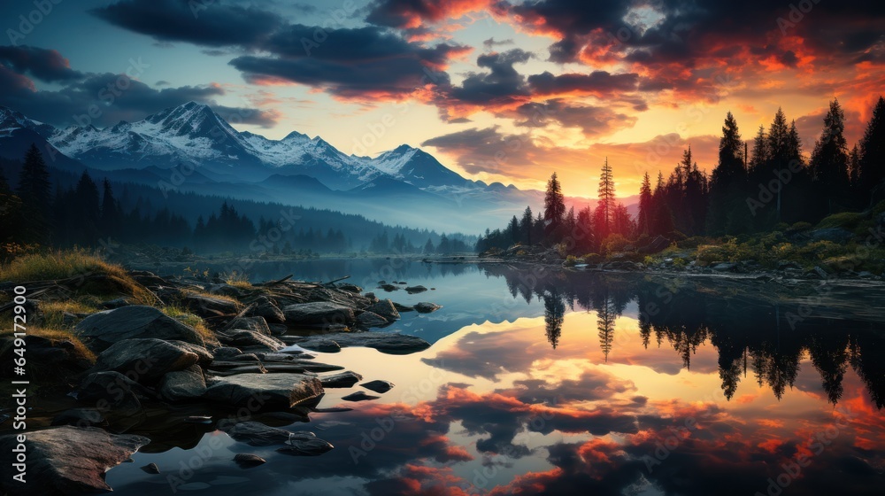 Amazing mountain view with colorful sunset in cloudy sky, with smoke and clear river
