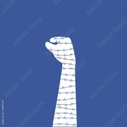 World refugee day illustration. Hand holding barbed wire. Sharp thorns of barbwire barrier zone. International immigration and freedom concept. Vector illustration.